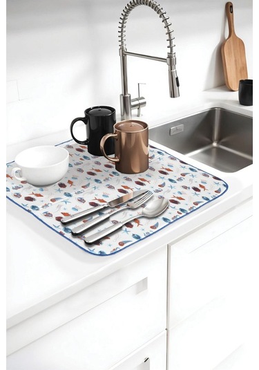 Bulaşık Kurutma Örtüsü, Bulaşıklık, Tezgah Üstü Bulaşık Matı, Süper Emici Mutfak Matı, Balık Desenli Çok Renkli