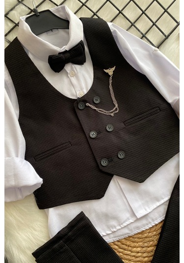 Matrix Yelekli Zincirli Erkek Çocuk Takım Elbise Siyah