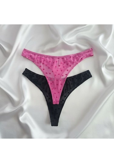 Bonbon Kadın Transparan Kalp Figürlü 2'li Paket String Bb2177 Fuşya - Siyah