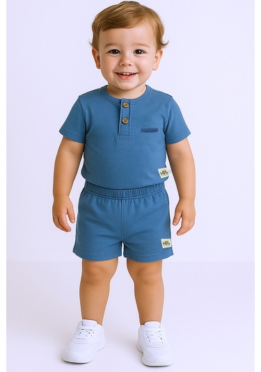 Erkek Bebek Şortlu Takım Bisiklet Yaka Düğmeli Düz Renk mavi