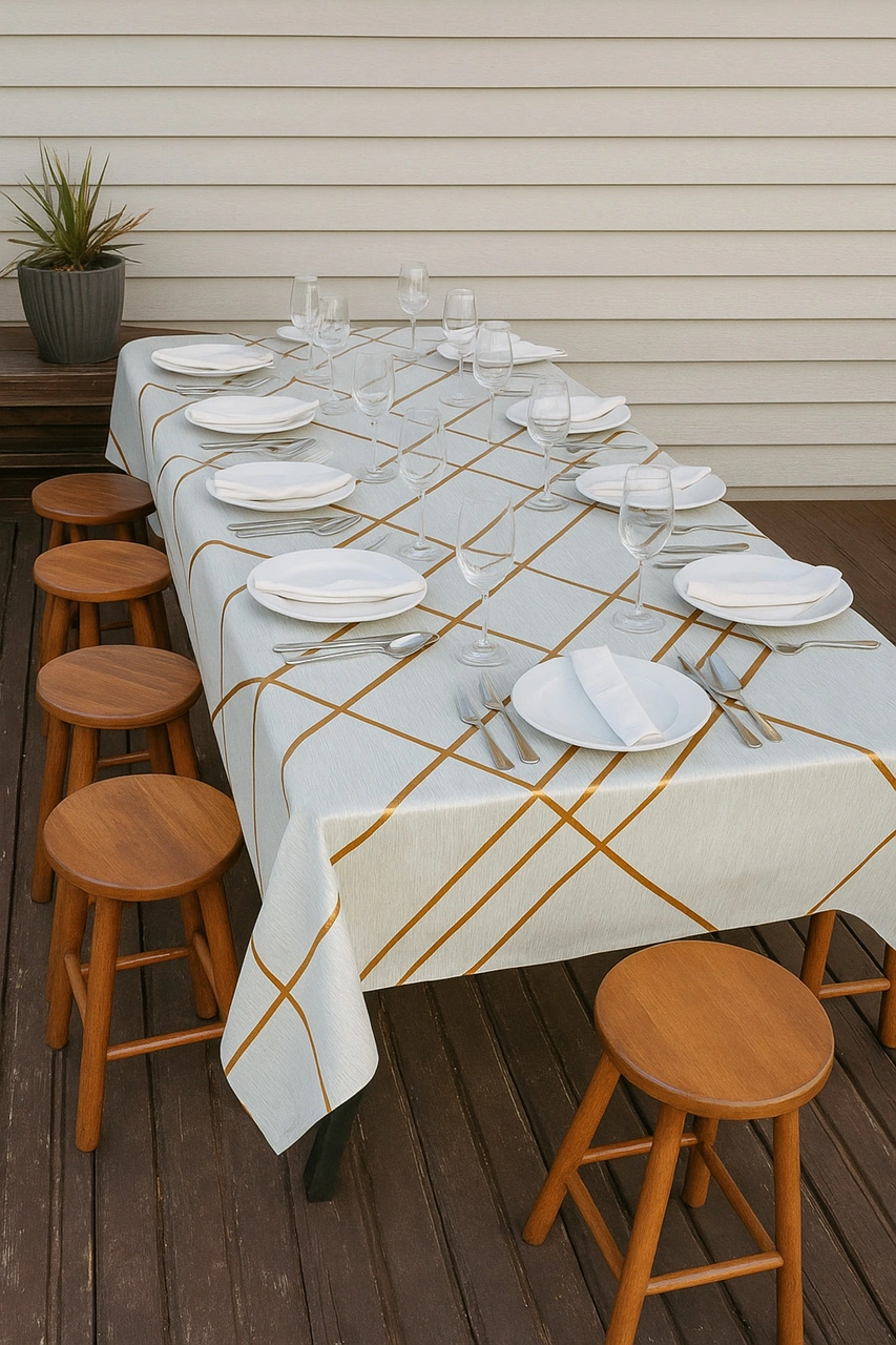 Rona Home Bej Kırık Beyaz Gold Şerit Desenli Masa Örtüsü Silinebilir Lüks Muşamba Sofra Bezi Bej