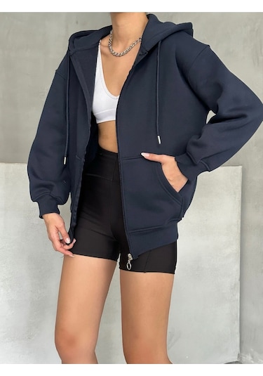 Kadın Fermuarlı Oversize Sweat Hırka Lacivert