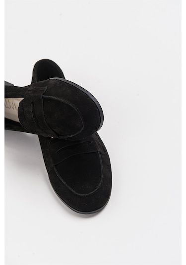 Luvishoes F02 Siyah Süet Hakiki Deri Kadın Loafer Ayakkabı Siyah
