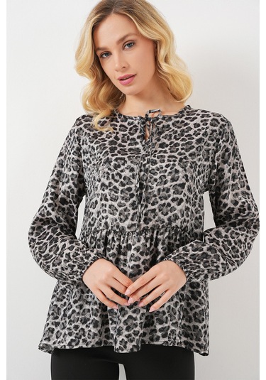 Kadın Desenli Uzun Kol Bluz 970 - Antrasit Antrasit