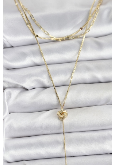 Pirinç Gold Renk Düğüm Model Detaylı 3'lü Kombin Y Kadın Kolye - Tj-bko10693 Gümüş