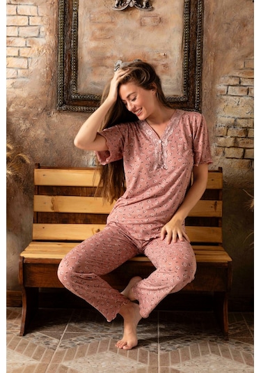 Lukitus Bambu Pamuk V Yaka Kısa Kol Kadın Pijama Takımı Pudra