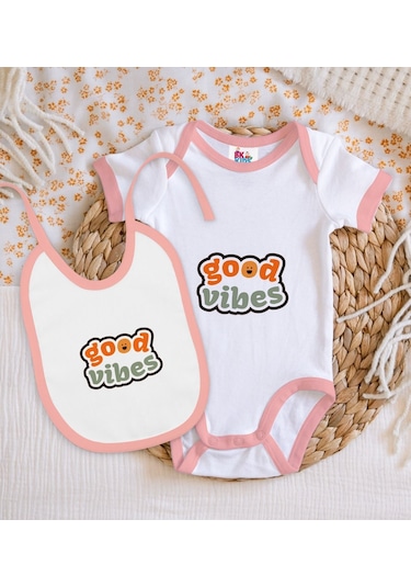 Bk Kids Good Vibes Tasarımlı Pembe Bebek Body Zıbın Ve Mama Önlüğ Çok Renkli