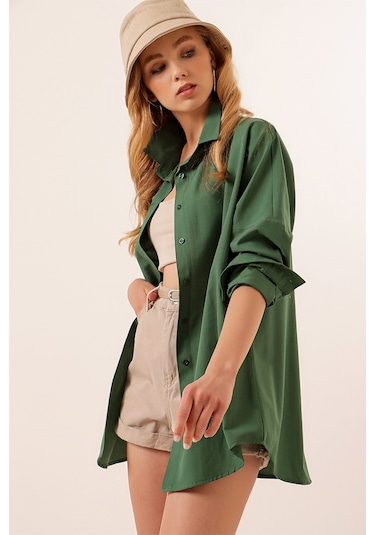 Bigdart 3900 Oversize Uzun Basic Kadın Gömlek Zümrüt Yeşili 001