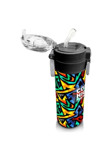Coral High Kids Siyah Grafiti Desenli Pipetli Ve Direkt İçim Çelik Termos 500 Ml 31847 Siyah - Mavi