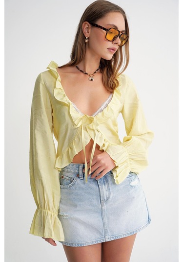 4712 Kadın Volanlı Modal Bolero Bluz Sarı Sari