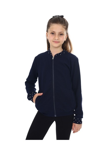 Toontoy Kız Çocuk Kolej Yaka Fermuarlı Cepli Boncuk İşlemeli Örme Hırka - 2 İplik Lacivert