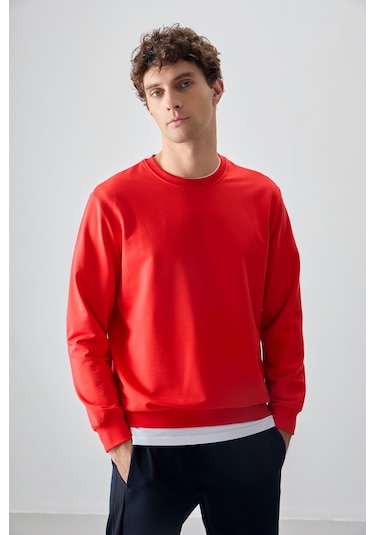 Tommy Life Fiesta Pamuk Yumuşak Dokulu Standart Fit Basic Erkek Sweatshirt - 88363 Kırmızı