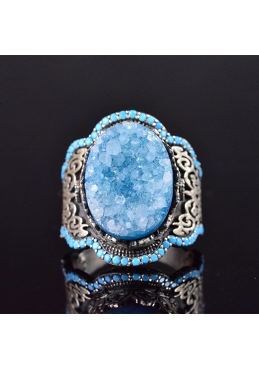 El Yapımı 925 Ayar Gümüş Erkek Yüzük İle Doğal Taş - Kültürel Tasarım Mavi Drusy Kristali Gümüş