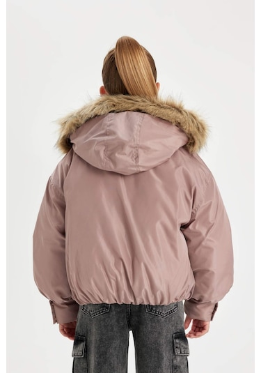 DeFacto Kız Çocuk Çıkarılabilir Kapüşonlu Mont Fermuarlı Çıtçıt Kapamalı Cepli C5488A824WNBR320 Bordo