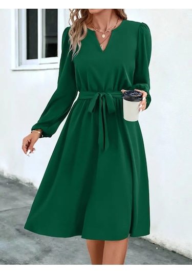 Kadın Uzun Kollu V Yakalı Belden Kuşaklı Kiloş Krep Elbise Yeşil
