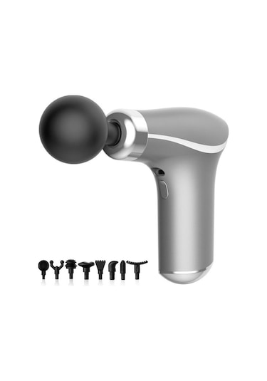 8 Farklı Başlıklı Hızlı Şarjlı Kas ve Vücut Mini Masaj Tabancası Rose Gold Gri