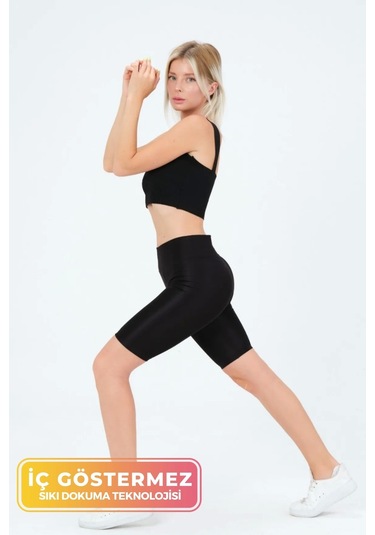 Enenstyle Fashıon Boutıque Yeni Sezon Özel Üretim Toparlayıcı Yüksek Bel Parlak Kumaş Iç Göstermeyen Dizüstü Spor Tayt SiYAH
