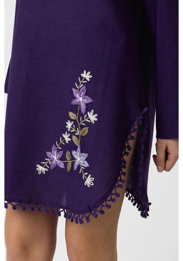Mor Nakış İşlemeli Uzun Kollu Pamuklu Bluz Elbise Mor