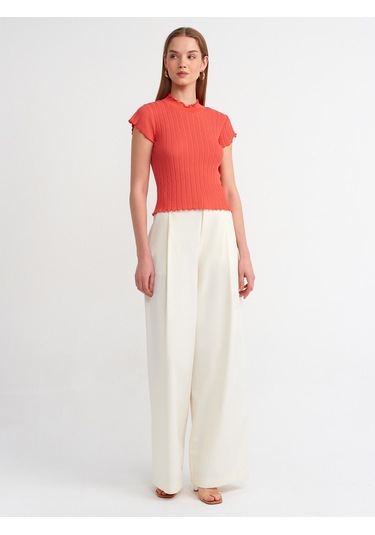 Dilvin Dik Yaka Transparan Triko Bluz Kırmızı