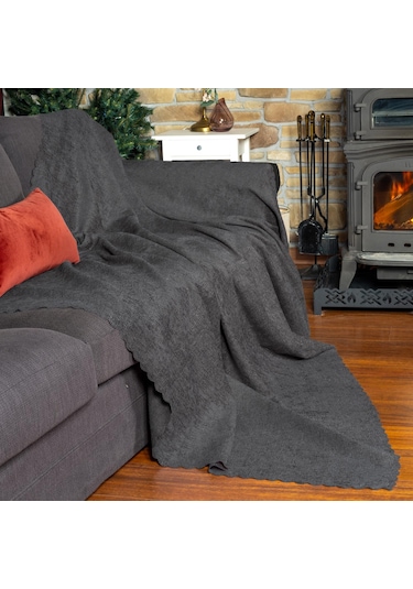 Jakarlı Şönil Koltuk Örtüsü Kanepe Örtüsü Koltuk Şalı 175x215 Kaymaz Gri Gri