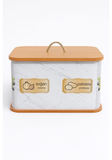 Dekorasyaa 2 Bölmeli Patates Soğanlık - Bambu - Dikdörtgen Beyaz Desen Beyaz