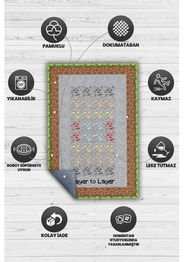 Homshtag Layers Çok Renkli Oyuncu Halısı Gri Renk Gamer Temalı Halı Minecraft Sever Hediyelik Halı Çok Renkli