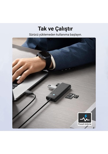 Orico PAPW3AT-C3-015-BK Type-C to 3.0 TF SD Kart Okuyucu 3 Portlu USB 3.0 Çoklayıcı Adaptör Siyah