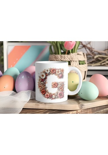 G Harfi Çiçek Desenli Kupa Bardak - Alfabe Harfleri İle Doğal Çiçekli Kupa - Hediye Fikir Beyaz