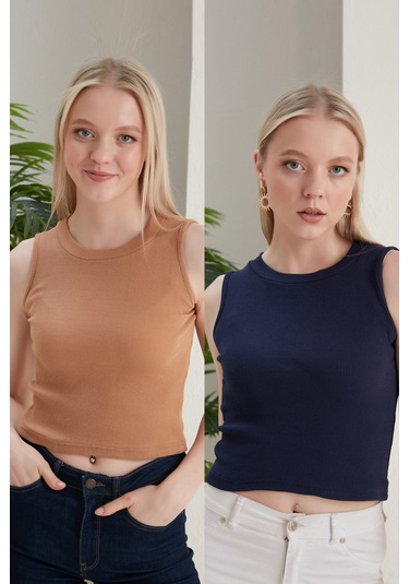 Catspy Kadın Halter Yaka 2'li Crop Bluz Atlet Camel - Lacivert