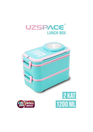 Uzspace 1200 Ml İki Kat Dört Bölme Paslanmaz Çelik Lunch Box Yeni Nesil Sefer Tası-sos Kaseli Model-fflbox8023 Turkuaz
