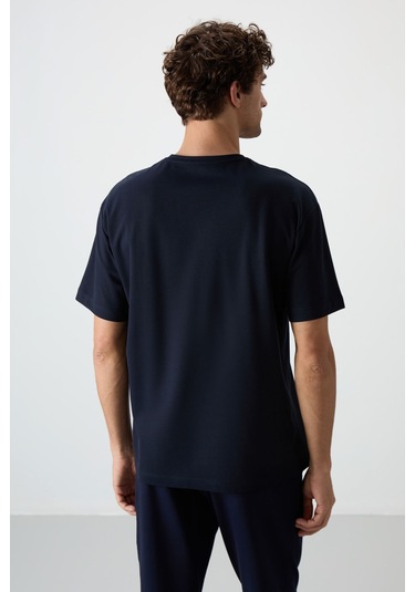 Tommy Life Lacivert Pamuklu Kalın Yüzeyi Dokulu Oversize Fit Baskılı Erkek T-shirt - 88366 Lacivert