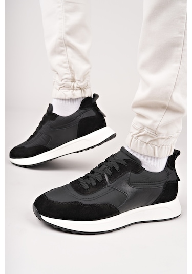 Muggo Svenson Kalın Taban Bağcıklı Hakiki Deri Erkek Günlük Sneaker Spor Ayakkabı Siyah