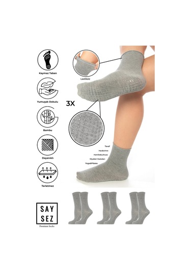 Bambu Kaydırmaz Taban Silikon Baskı Hac Umre Tavaf Hamile Diyabet Pilates Yoga Lastiksiz Çorap 3'lü GRİ MELANJ