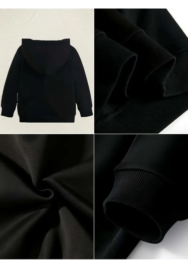 Kışlık Kapüşonlu Sweatshirt, Çocuk Papatya Kelebek Baskılı SiYAH