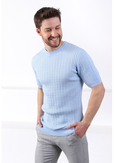 Ferraro Mavi Bisiklet Yaka Erkek Pamuk Triko T-Shirt-Mavi (490417519) Mavi