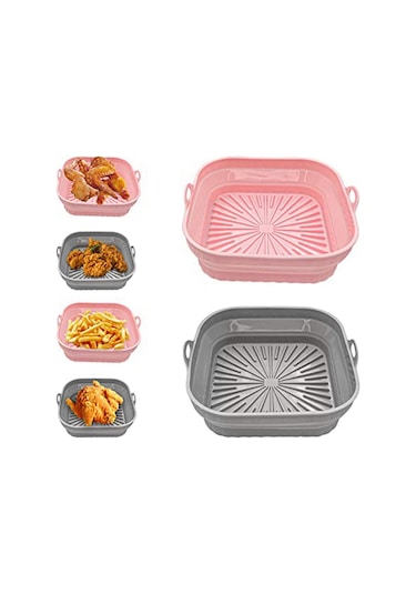Air Fryer Silikon Kaplamalar, Kare Tekrar Kullanılabilir Air Fryer Kaplamalar Katlanabilir Pembe&gri Gri - Pembe