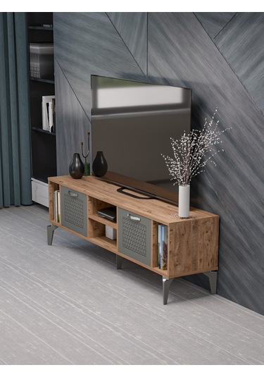 Tv Sehpası 160 Cm Modern Çok Amaçlı Dolaplı Raflı Televizyon Ünitesi Linya Gümüş Ceviz Antrasit