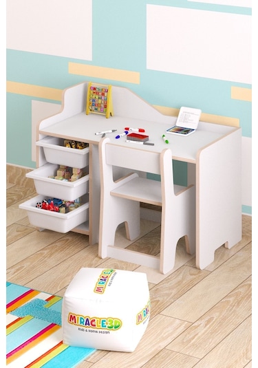 Miracle 3d Çocuk Çalışma Masası 90x45cm 3 Sepetli Çocuk Çalışma Masası Sırt Dayamalı Sandalye Beyaz