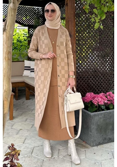 Dama Desenli Bej Triko Hırka Çok Renkli