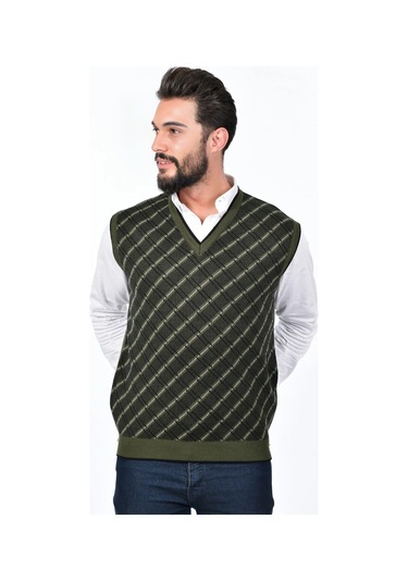 Kamalı Haki Erkek Çelik Örgü Ekose Desenli Kalın Triko V Yaka Triko Örgü Tüylenmez Süveter Regular Haki