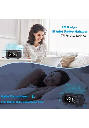 Hymark Mavi Projeksiyonlu Çalar Saat Fm Radyo Dijital Saat Usb Şarj Sıcaklık 4 Seviye Parlaklık Siyah