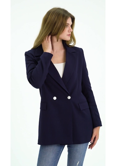 Lacivert Oversize Dokuma Blazer Ceket Lacivert