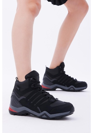 Rahat Kalıp Yanı Şerit Detaylı Bağcıklı Unisex Siyah Füme Trekking Bot Tb242-0 Siyah Füme