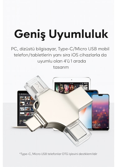 Üsküdar İletişim 128gb 4-in-1 Flashdevicehd Çoklu Girişli Otg Flash Bellek Lightning + Type-c + Usb + Microusb 128 Gb