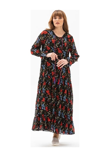 Uzun Kol Vual Gonca Uzun Elbise Gelincik Desen Siyah