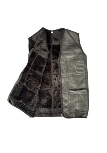 Özel Üretim Patchwork Kürk-süet Gerçek Deri Çocuk Yelek 5-6 Yaş Siyah