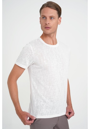 Comfort Fit Bisiklet Yaka Viskon Karışımlı Casual Beyaz Tişört Ts 902 Beyaz