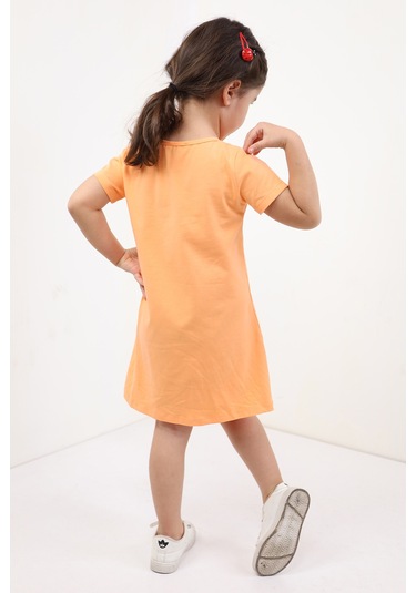 Toontoy Kız Çocuk Cepli Şeritli Tavşan Baskılı Elbise Turuncu
