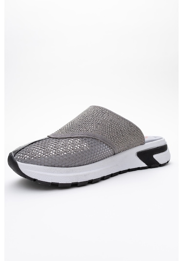 Luvishoes Glea Gri Taşlı Fileli Burnu Kapalı Kadın Terlik Gri