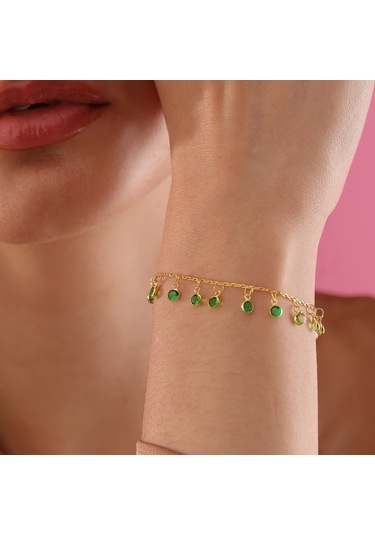 Queen Silver Jewelry 925 Ayar Gümüş Ful Sallantılı Yeşil Renk Geçişli Bileklik Altın